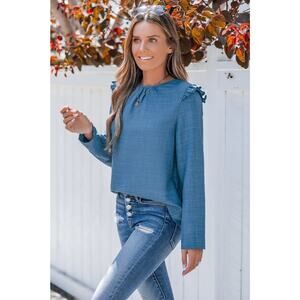 Cupshe Blue Round Neck Ruffled Shoulder Long Sleeve Blouse- NWT - XL